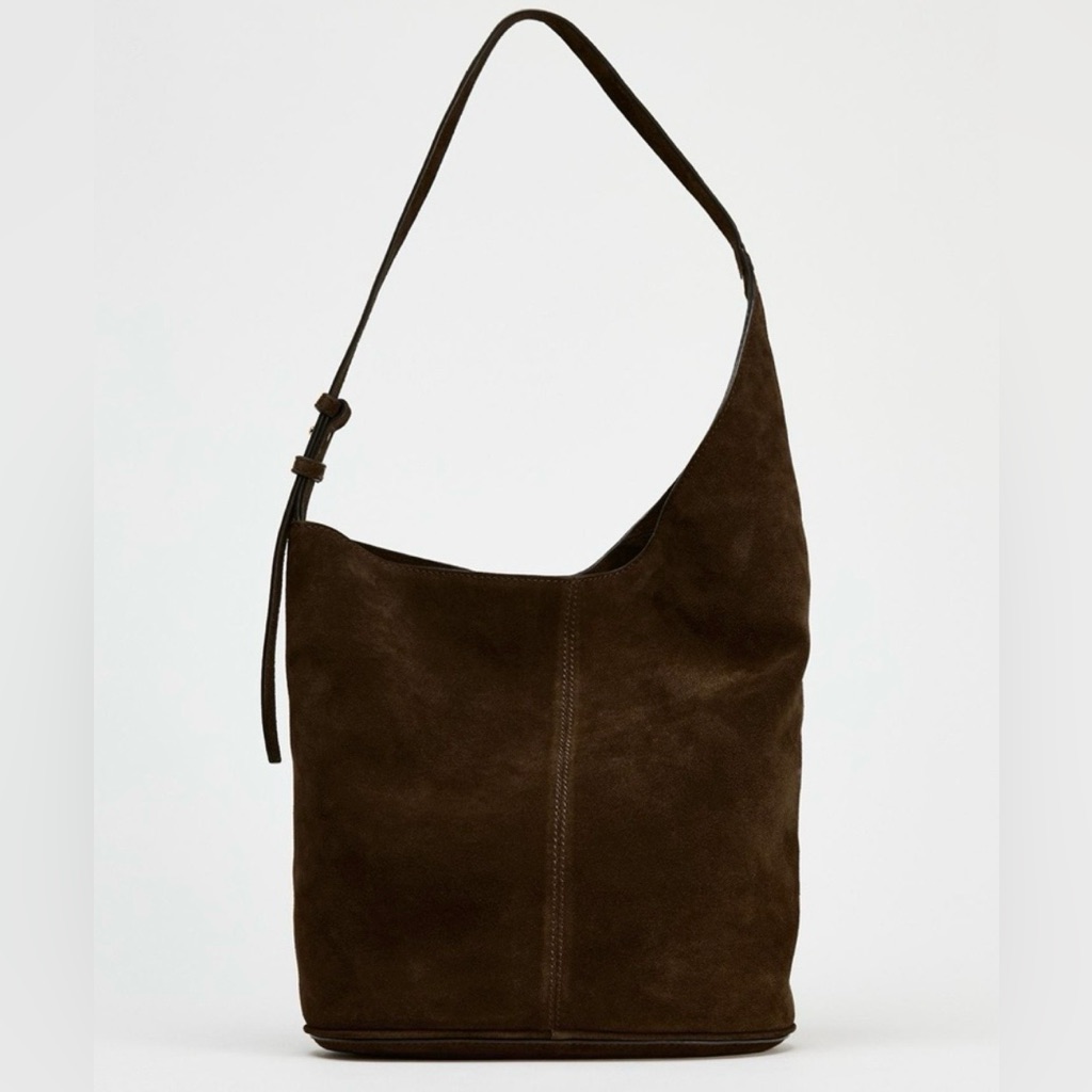 Zara Asymmetric Chocolate Suede Shoulder Hobo Bag In Dark Brown